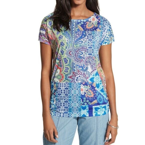 Chicos Women's Aqua Vine Print V-neck Short Sleeve Top - Picture 1 of 13